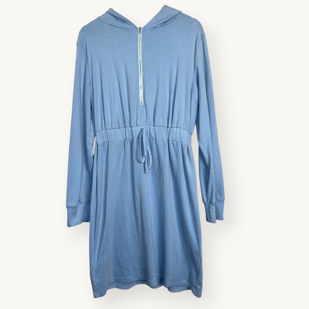 Anna-Kaci Light Blue Micro Velour Half Zip Hoodie Dress XL Drawstring Lounge - Picture 3 of 13